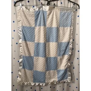 Just Born Blue White Patchwork Minky Raised Dot Baby Blanket Satin Trim 30x40"